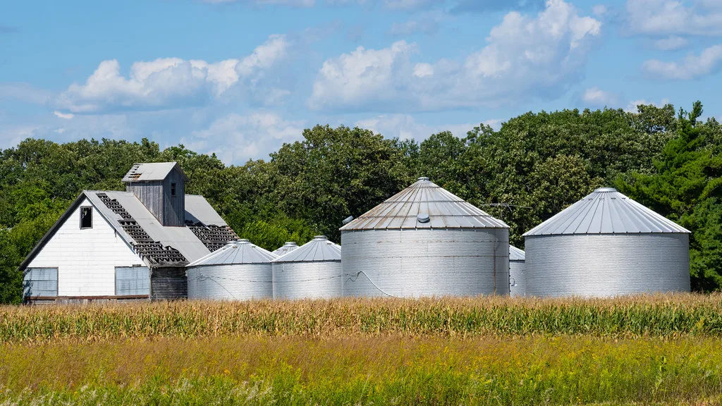 Old farm building with large holes in its roof behind four metal grain bins beside a field.