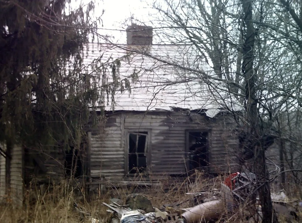 Maison de bois dégradée à toiture blanche et fenêtres cassées au milieu des broussailles.