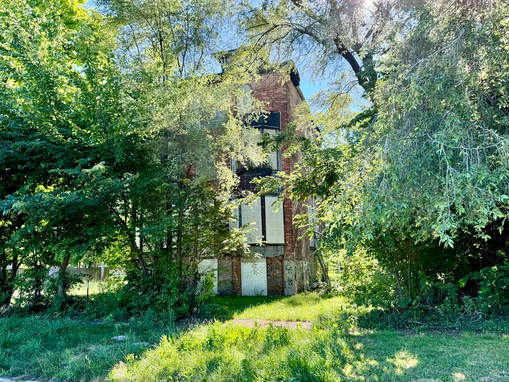 Old brick house with boarded openings behind trees.