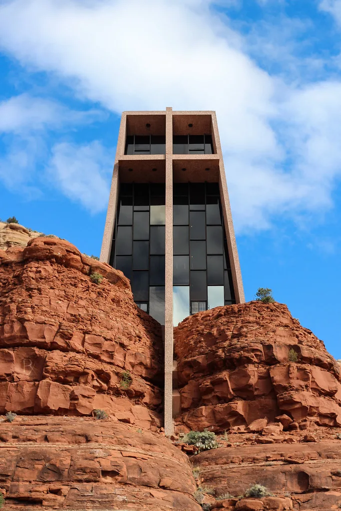 Chapel of the Holy Cross in Sedona set between red rocks.