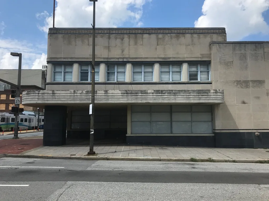 Closed façade of the former Greyhound bus station in Baltimore.