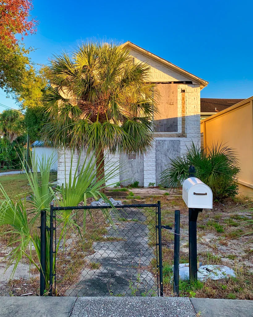 Small boarded house behind palm trees.
