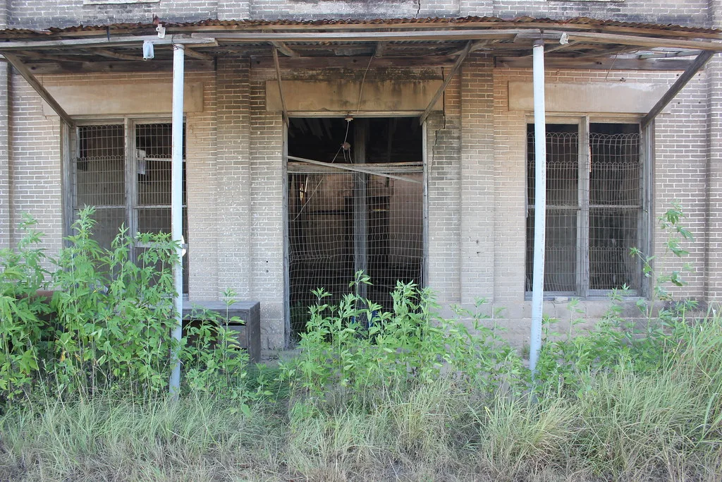 Ancienne façade grillagée et dégradée derrière de hautes herbes.