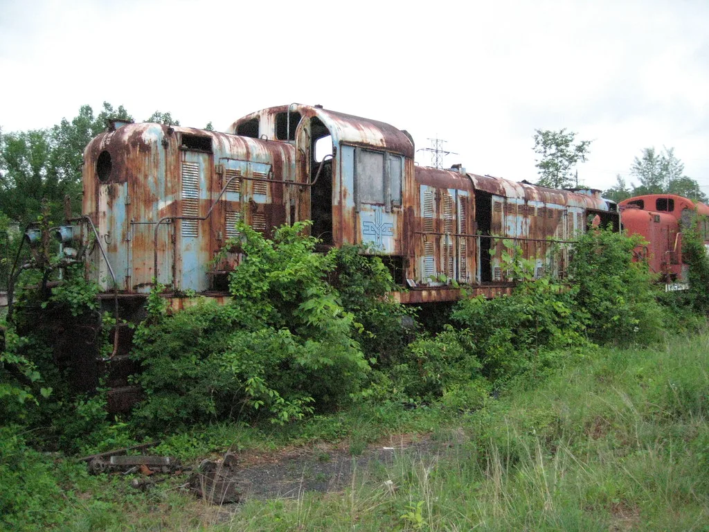 Rusting abandoned locomotives with empty windows and steps overgrown with shrubs.