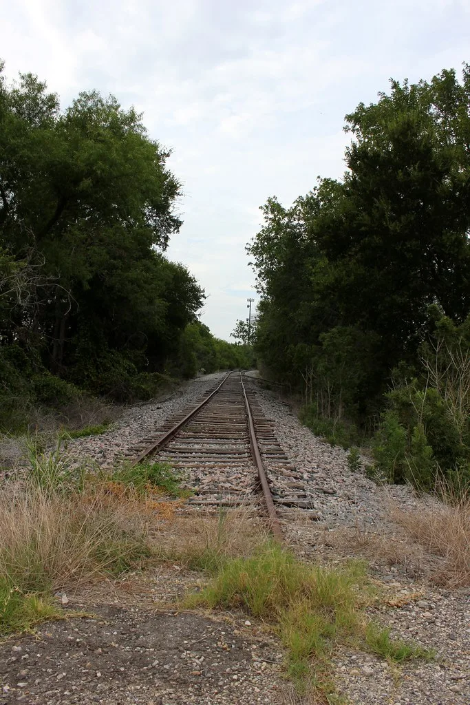 Old railway track ending amid vegetation.
