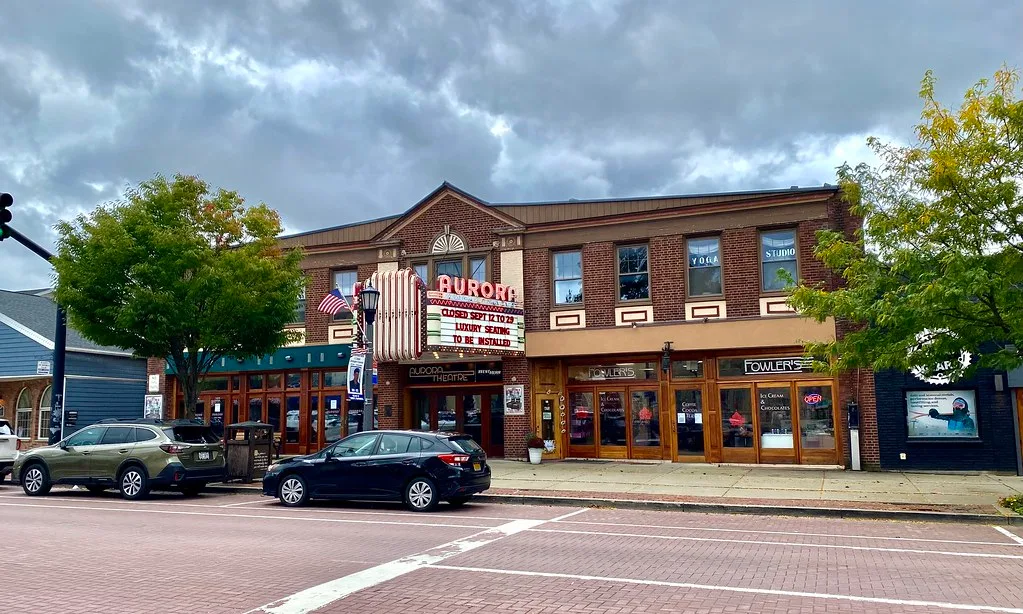 Historic façade and marquee of the Aurora Theatre in East Aurora