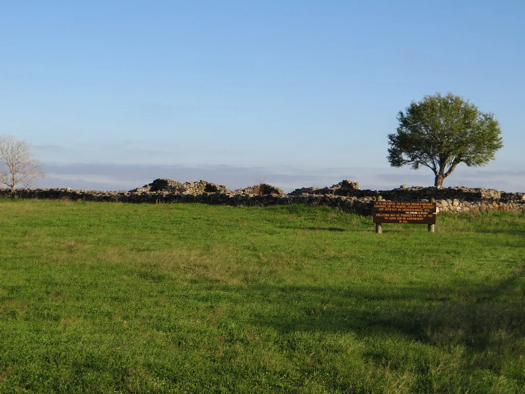 Vestiges de murs bas en pierre dans une prairie verte, avec un arbre et un panneau de protection du site.
