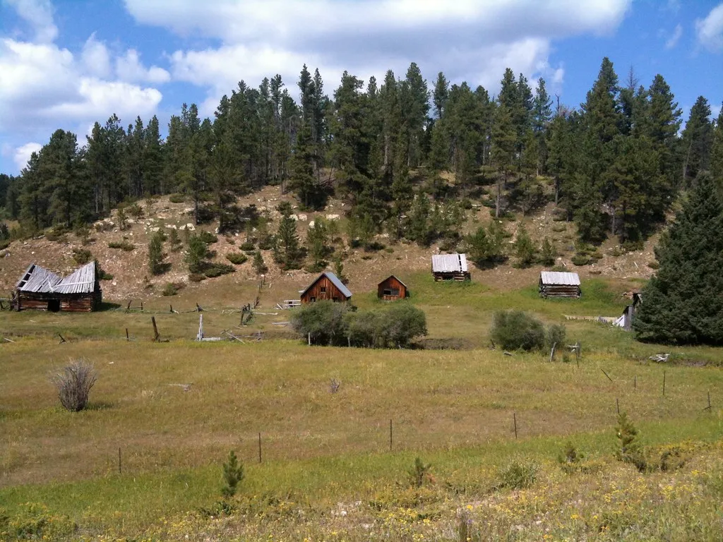 Old wooden cabins with deteriorated roofs in a meadow.