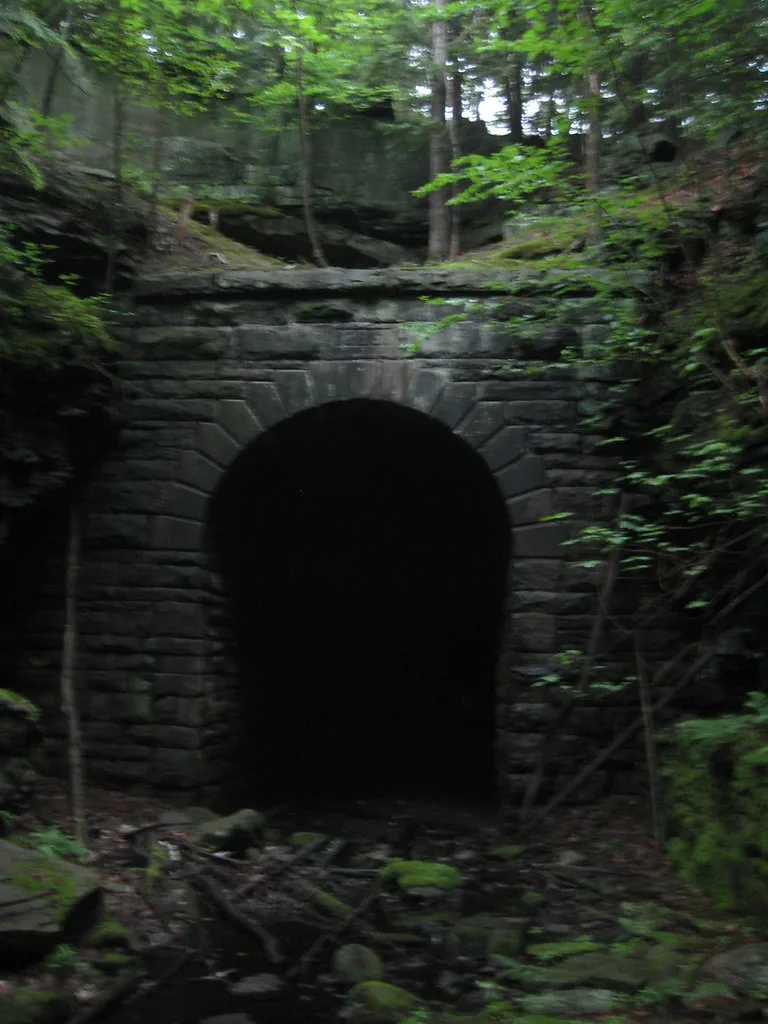 Arched stone entrance in woodland.