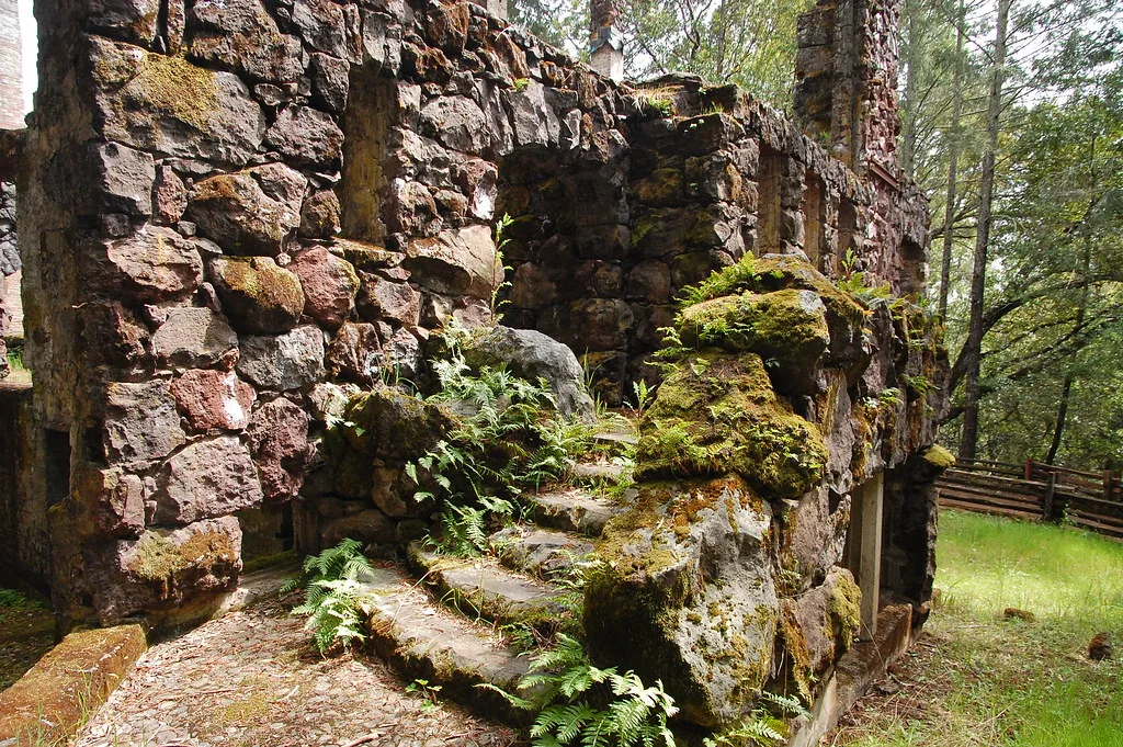 Moss-covered staircase in the ruins of a stone building.