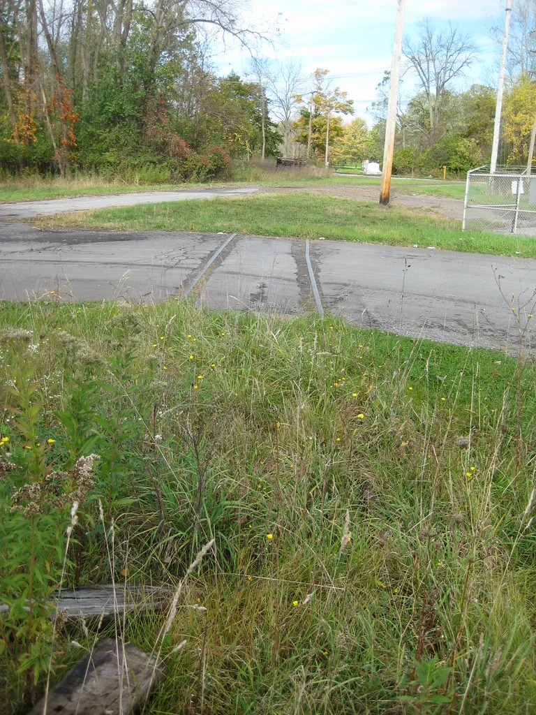 Rusty rails buried in grass and ending beyond an old asphalt crossing.