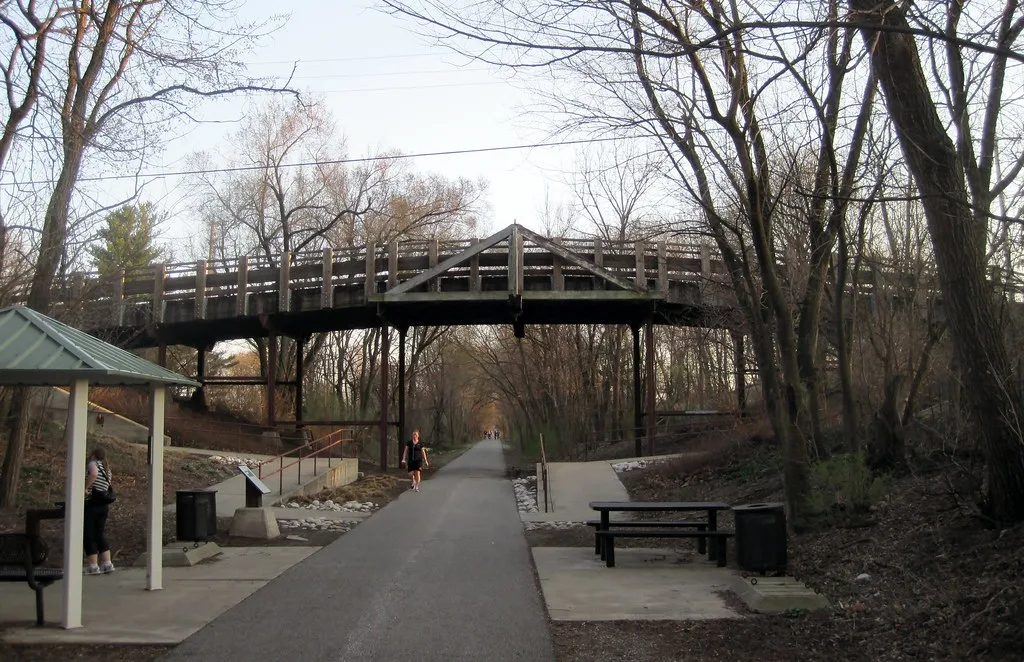 Historic Camelback Bridge above the former railway in Bloomington