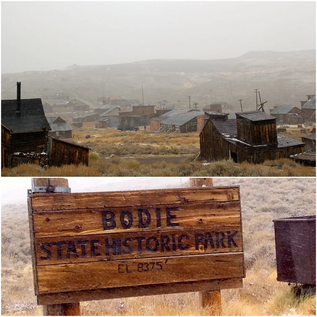 Montage montrant des maisons de bois délaissées dans les herbes et le panneau de Bodie State Historic Park.