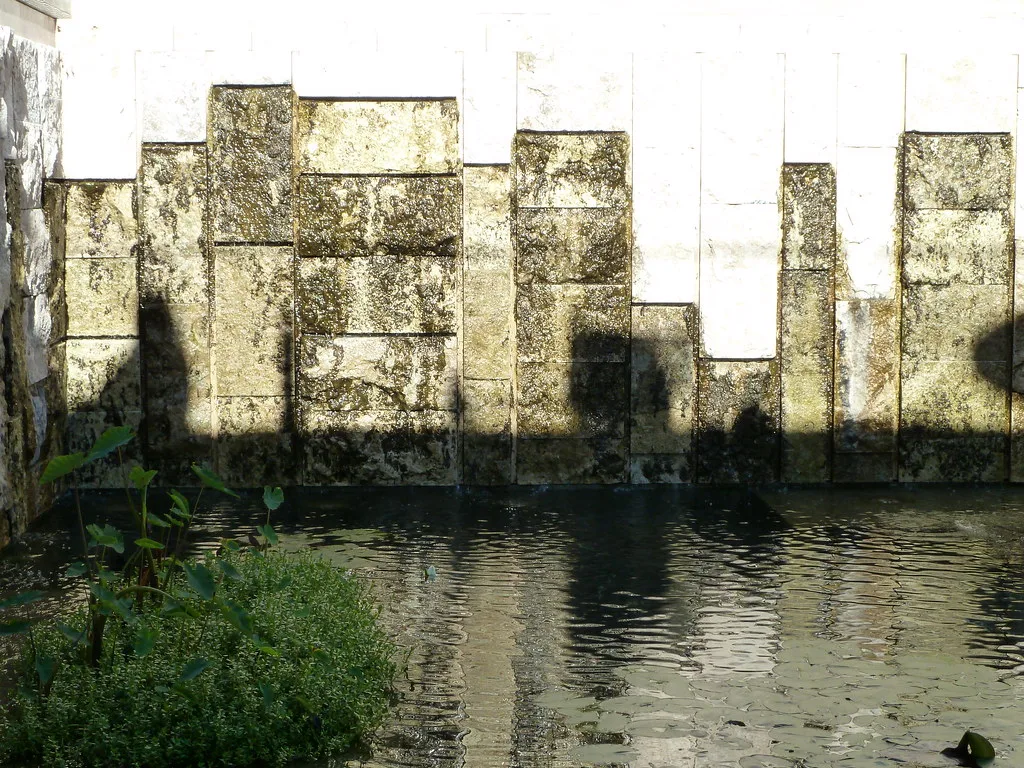 Pool and fountain wall outside Getty Villa