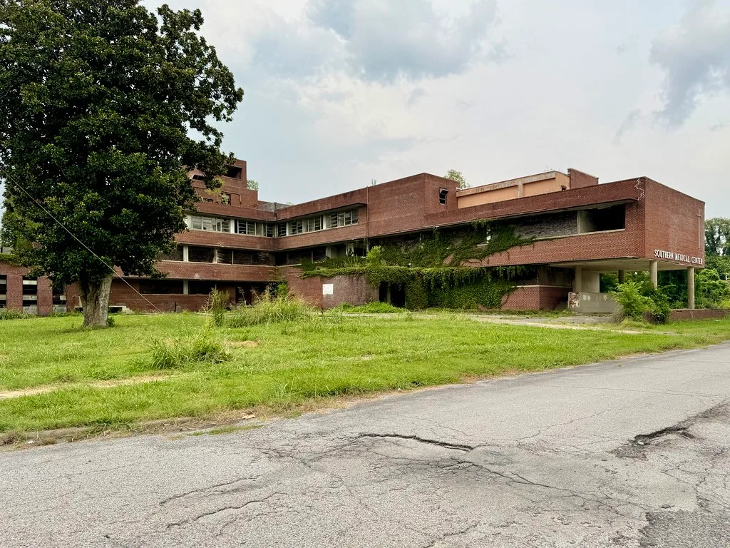 Ivy-covered façade of the former Southern Medical Center.
