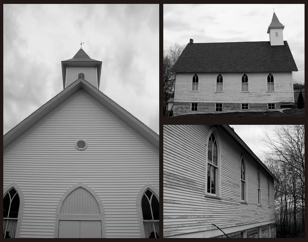 Triptyque en noir et blanc de l'ancienne église de Buckhorn dans l'Iowa.
