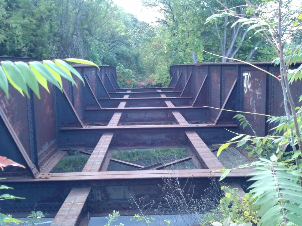 Ossature d’un pont abandonné sans tablier, entourée d’arbres et de broussailles.