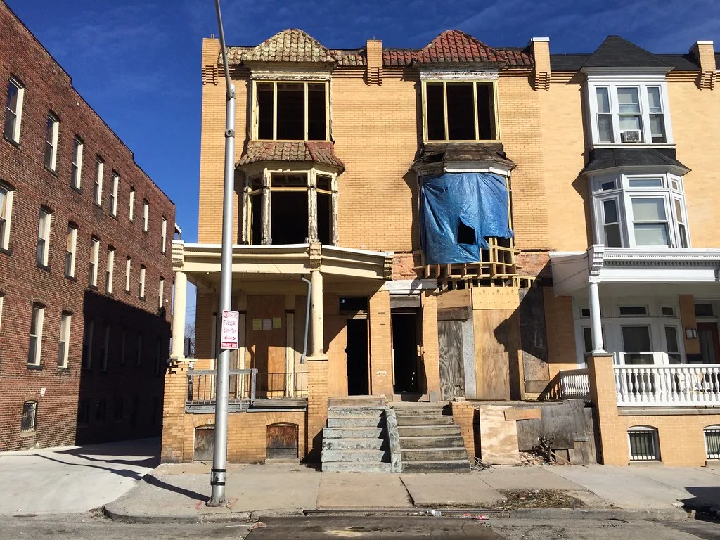 Historic rowhouses being rehabilitated on Whitelock Street in Baltimore