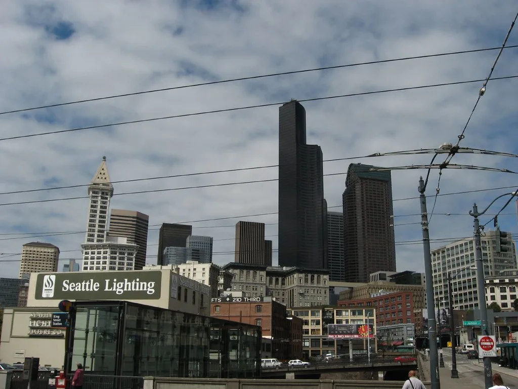 Seattle buildings and towers viewed from the Chinatown-International District.
