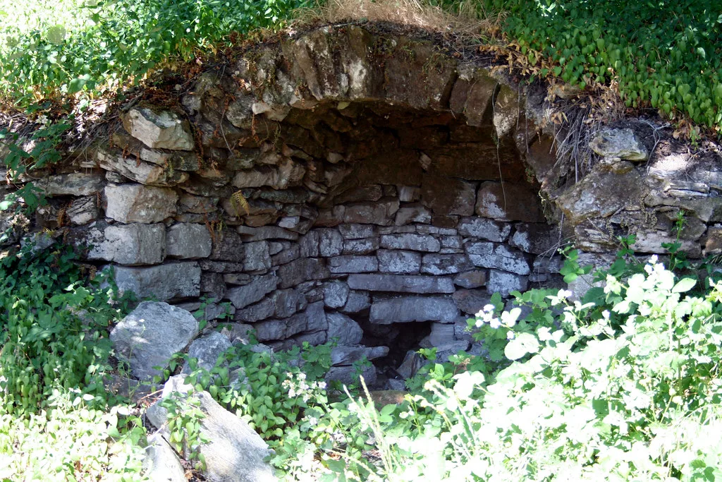 Old arched stone opening partly blocked and overgrown with vegetation.