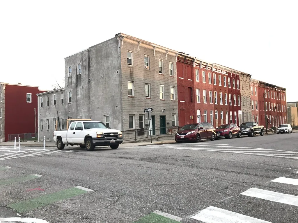 Row of attached houses on North Valley Street in Baltimore.