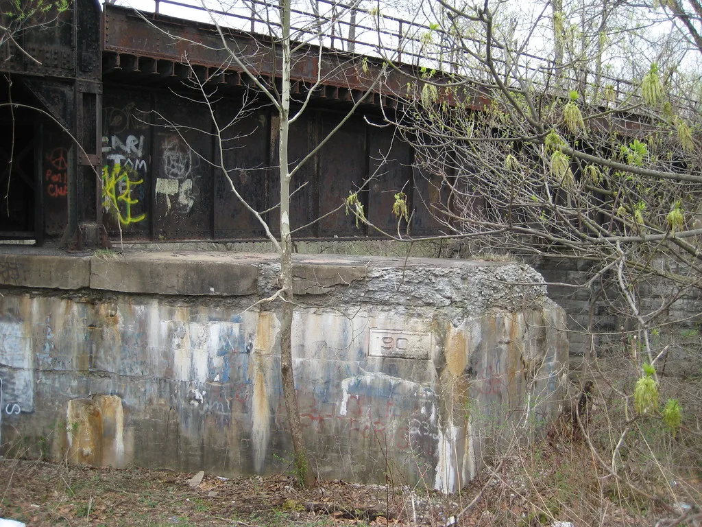 Poutres rouillées d’un ancien pont sur une culée en béton envahie de branches.