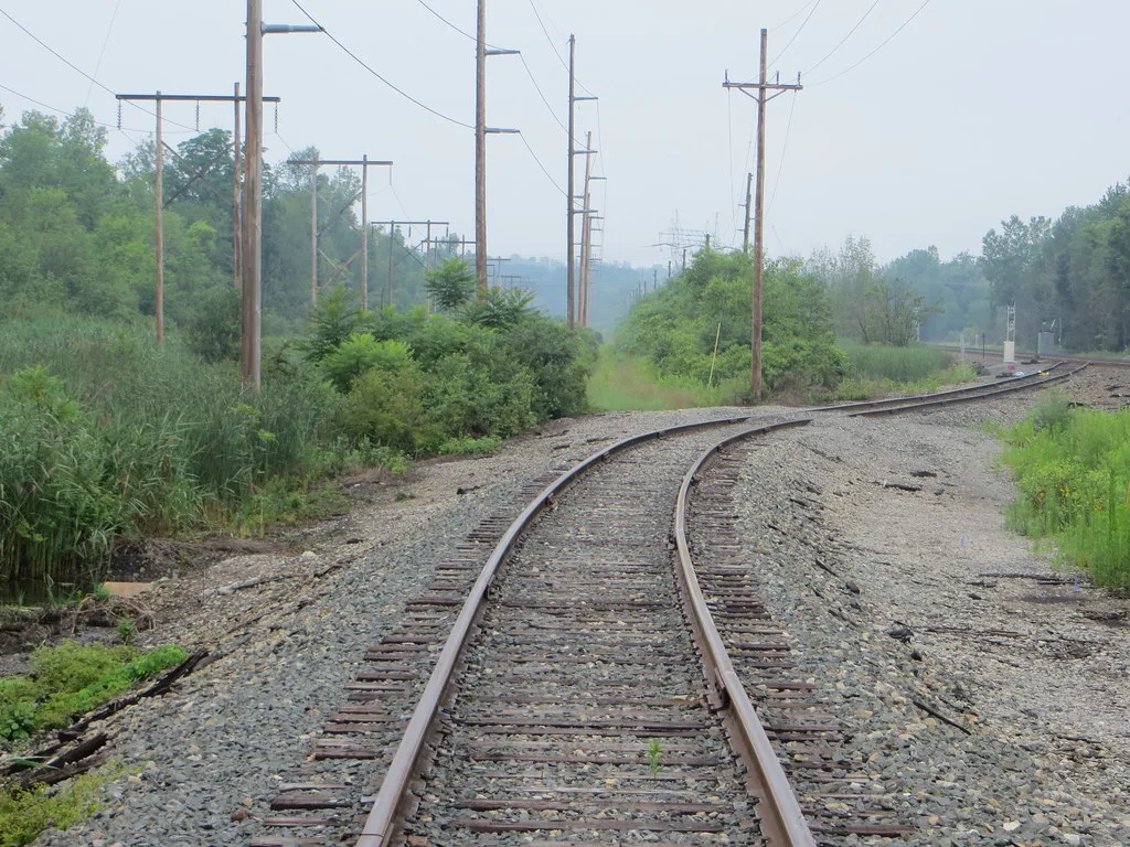 Old West Shore railway tracks bordered by vegetation near Macedon