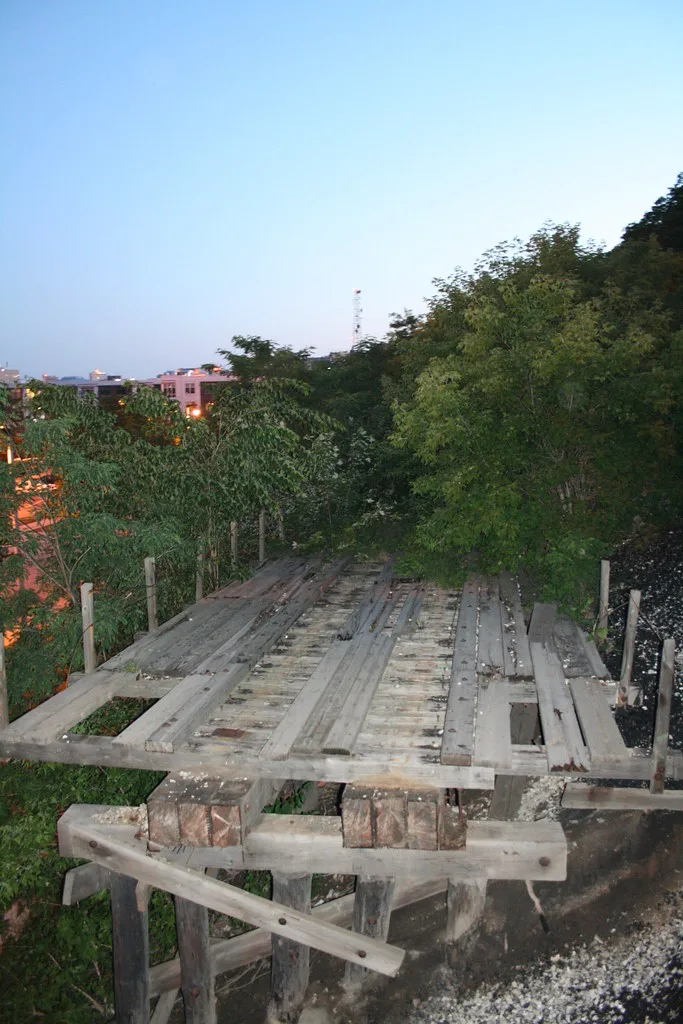 Old wooden bridge with incomplete decking amid vegetation.