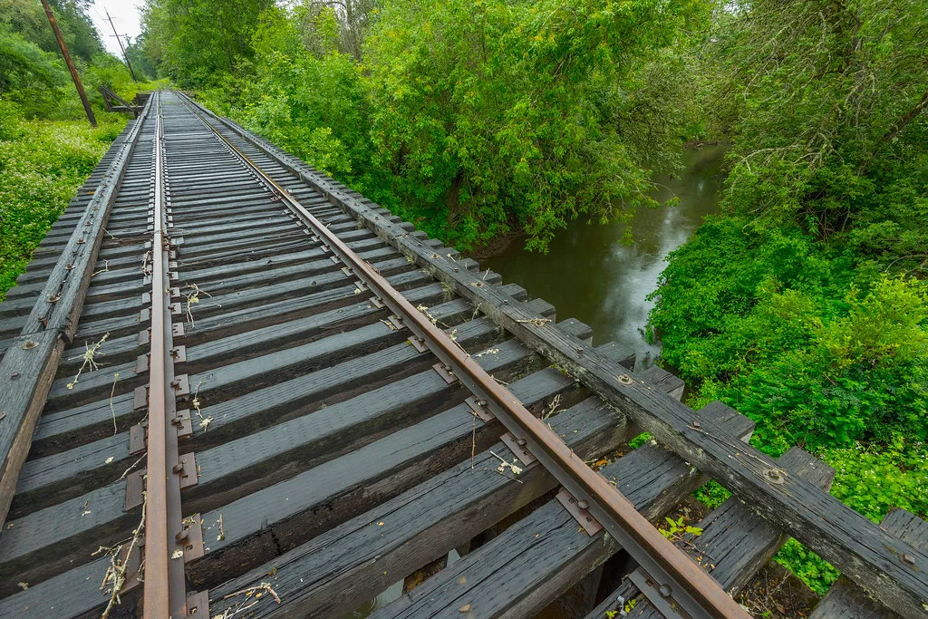 Old wooden railway bridge over a watercourse surrounded by vegetation.