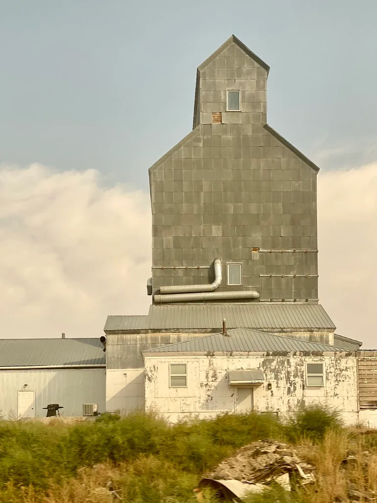 Grain elevator in Williston with a metal-clad tower.
