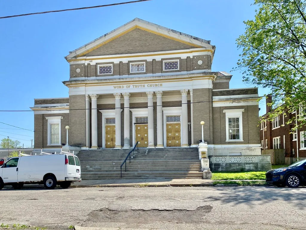 Columned facade of the former First Church of Christ Scientist in Norwood