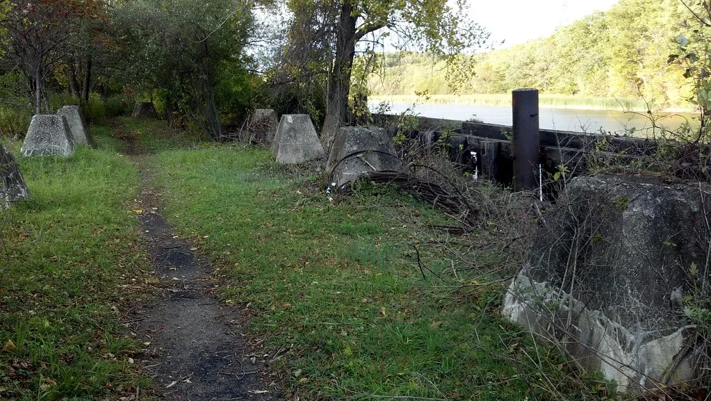 Row of concrete supports and remains of an old landing overgrown with grass beside the water.
