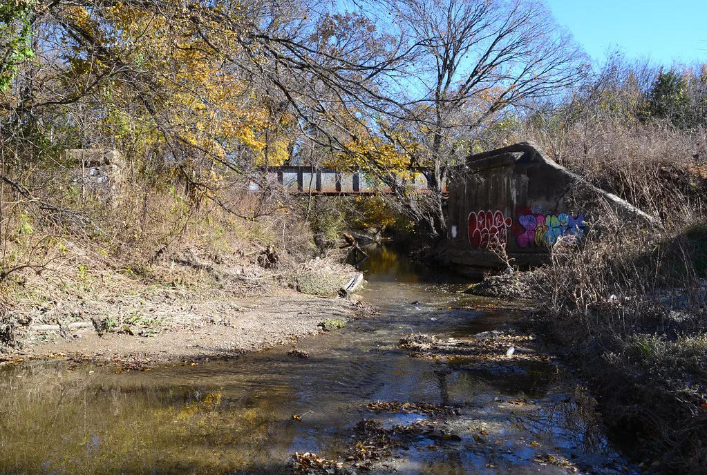 Anciennes culées de pont taguées au bord d’un cours d’eau boisé.