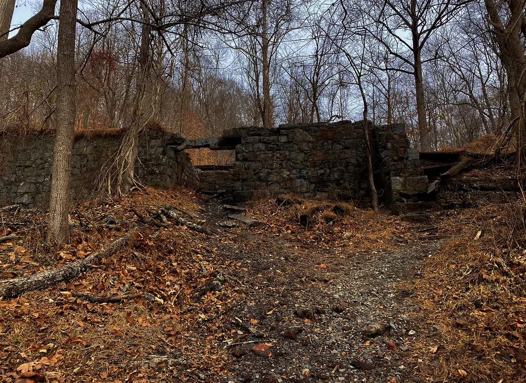 Ruined stone walls with an empty opening and collapsed steps among trees.