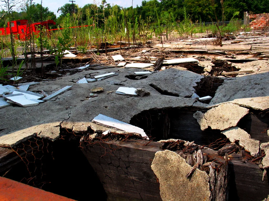 Ruined floor with rotten beams and large cavities overgrown with vegetation on a former building site.