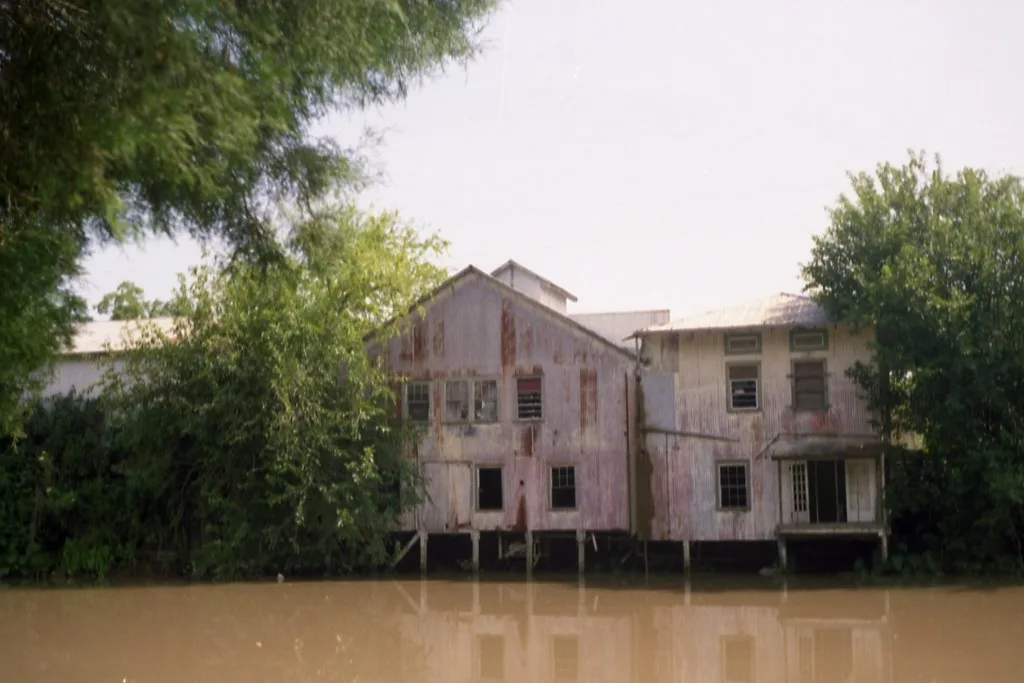 Abandoned stilted building beside brown water, with broken windows and faded pink cladding among trees.