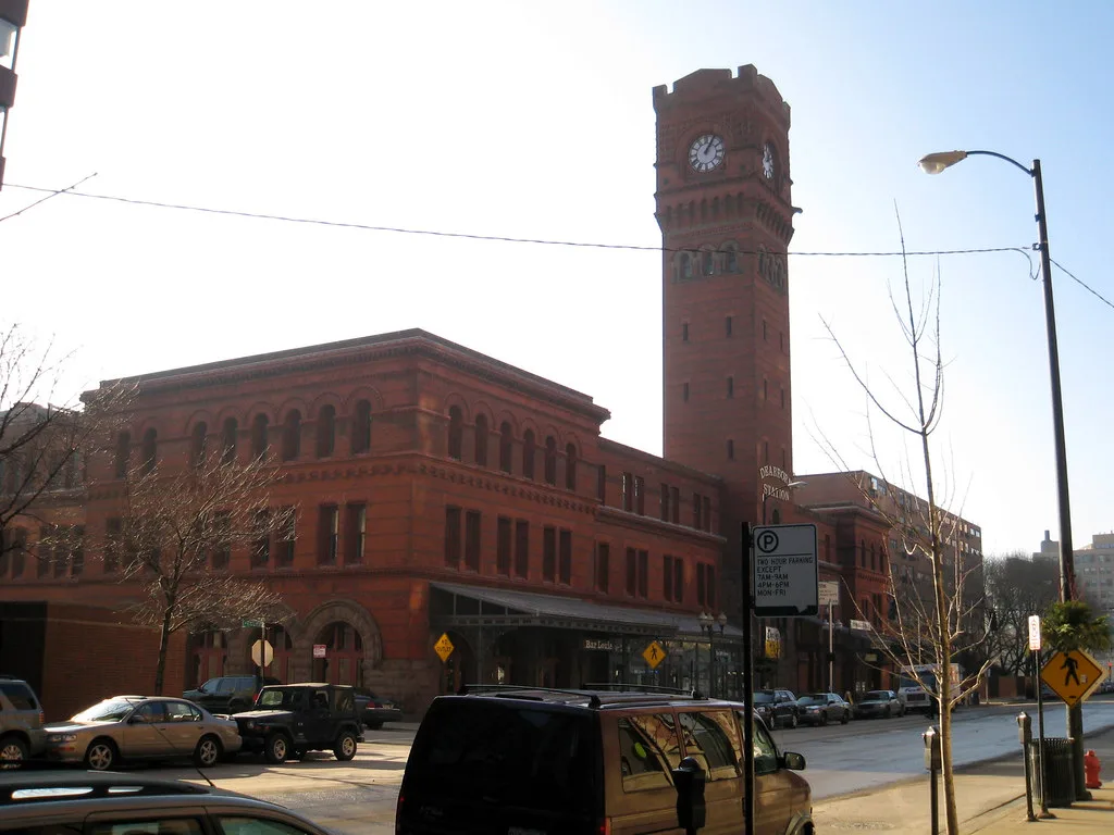 Former Dearborn Station and its brick clock tower in Chicago