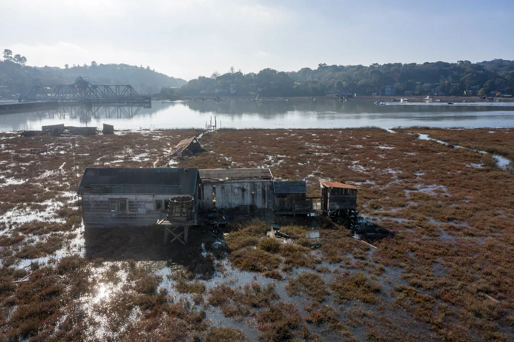 Cluster of dilapidated wooden cabins on stilts in a flooded marsh.