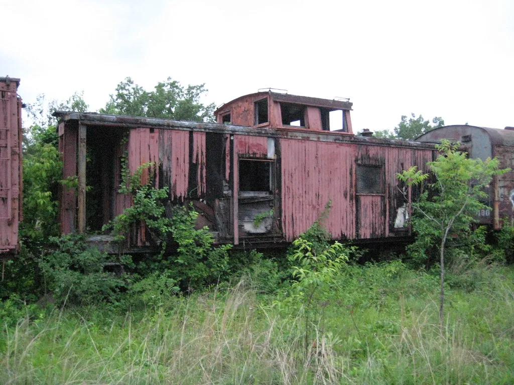 Abandoned pink wooden railway carriage with empty windows and deteriorated cladding, overgrown with vines and shrubs among other carriages.