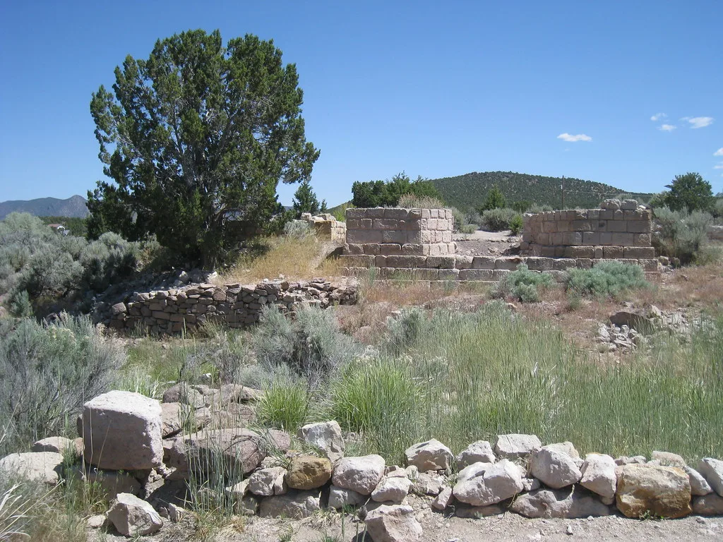 Stone foundations and wall remnants in dry vegetation.