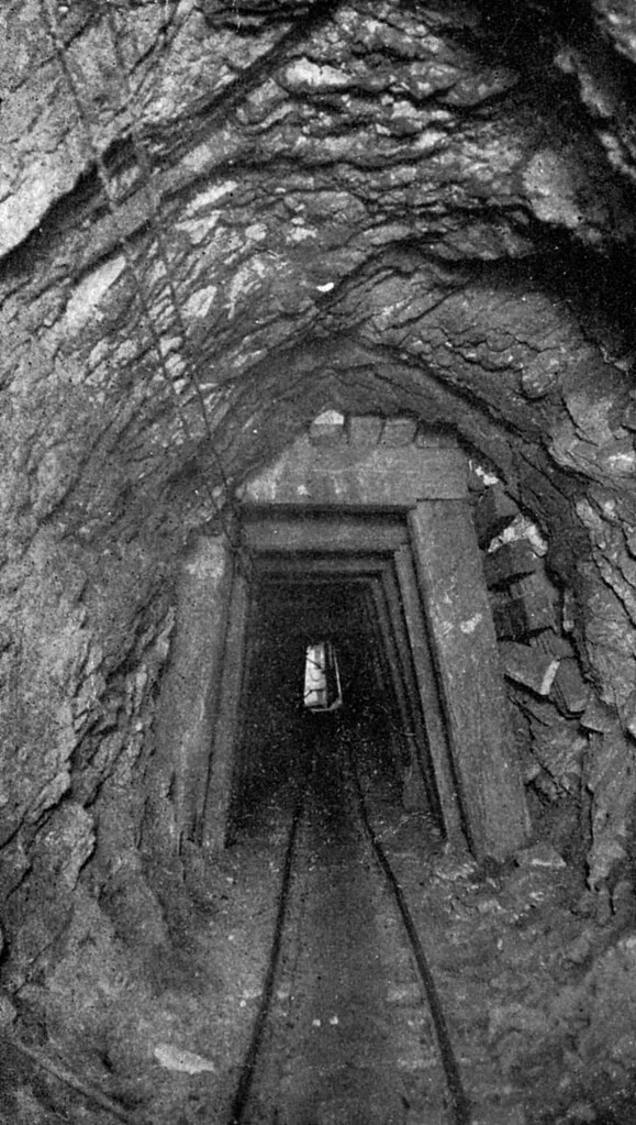 Rock mine tunnel with timber supports and dirt-covered rails, in black and white.