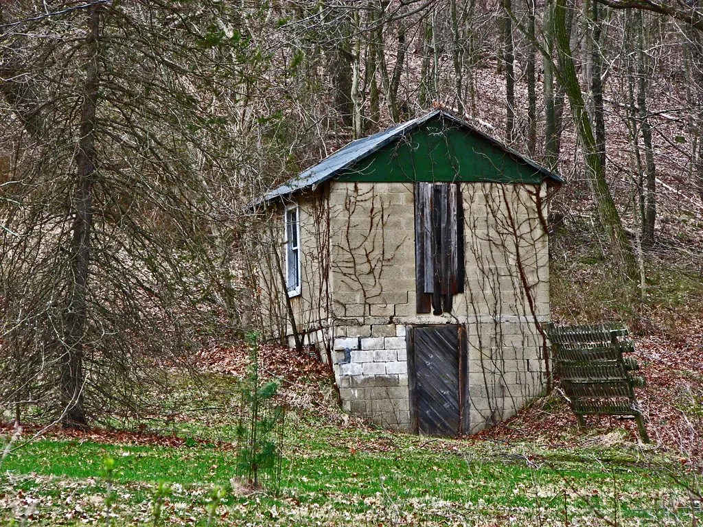 Small cracked two-level building among trees.