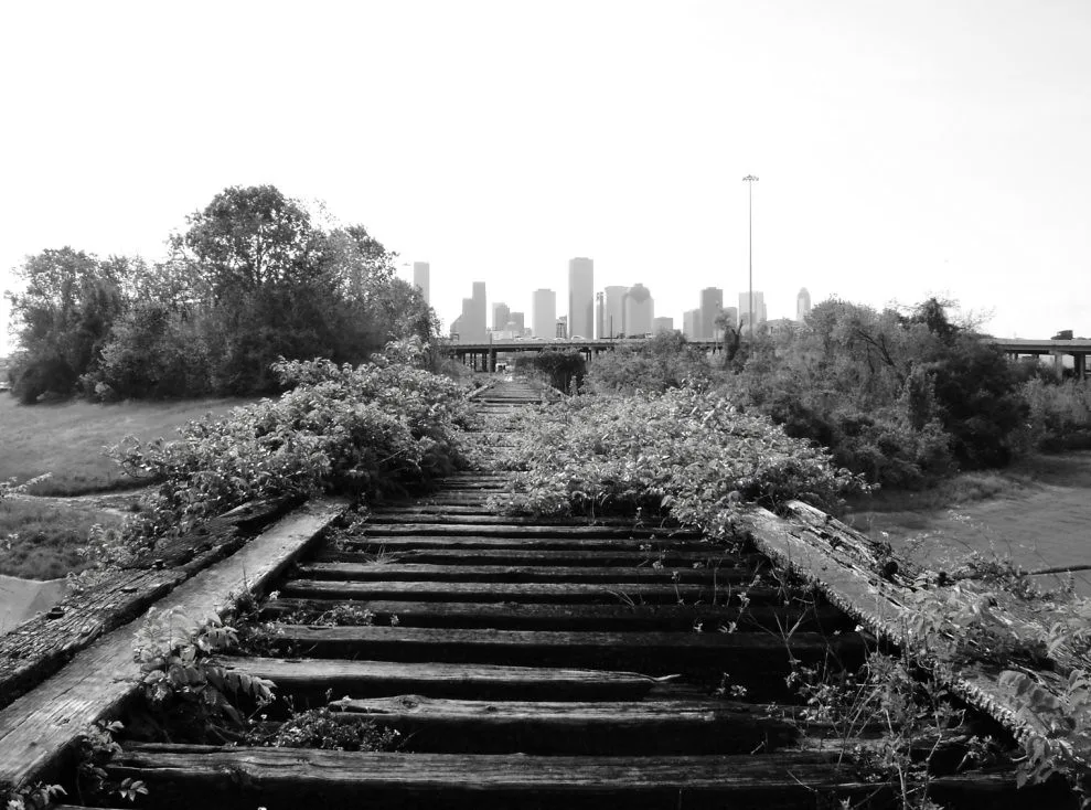 Ancien pont de bois envahi de végétation devant une ville, en noir et blanc.