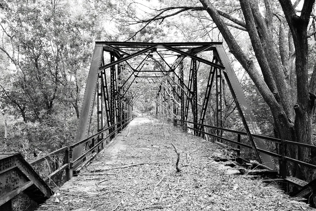 Old metal bridge with deteriorated decking among trees.