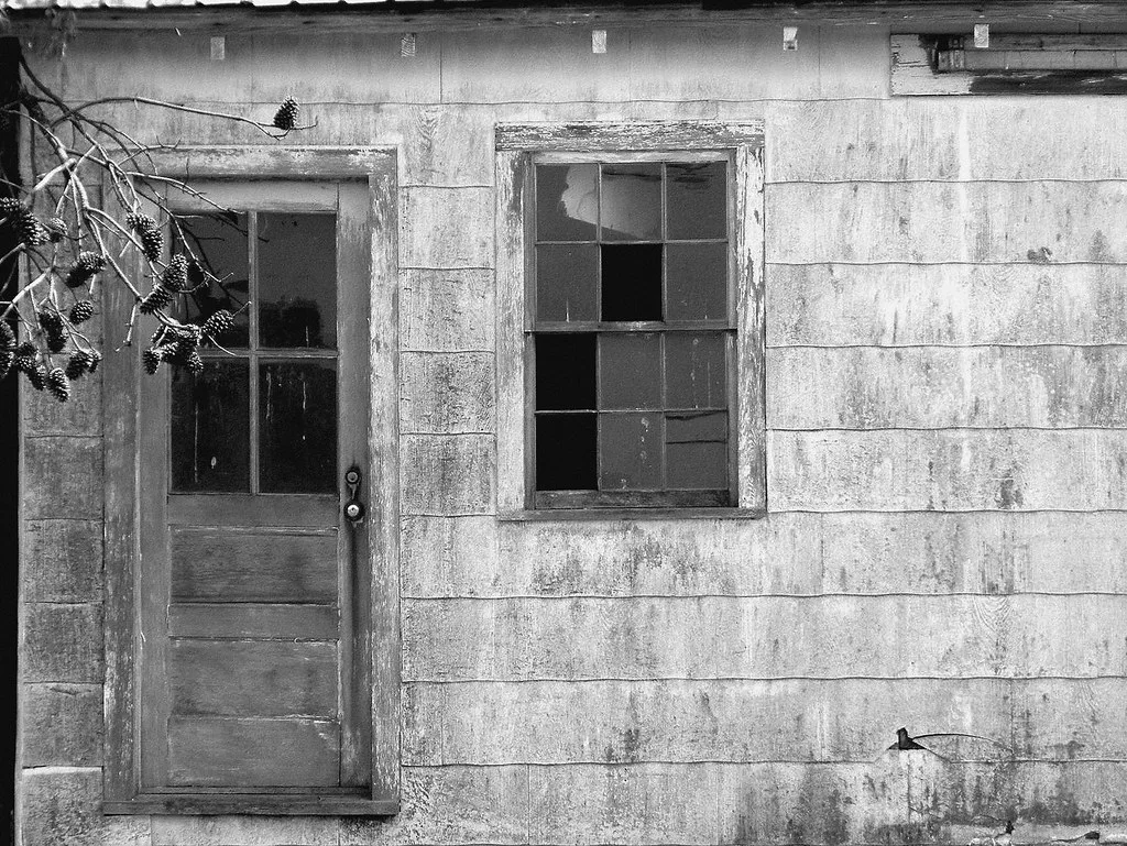 Wooden door and window with broken panes in a weathered facade.
