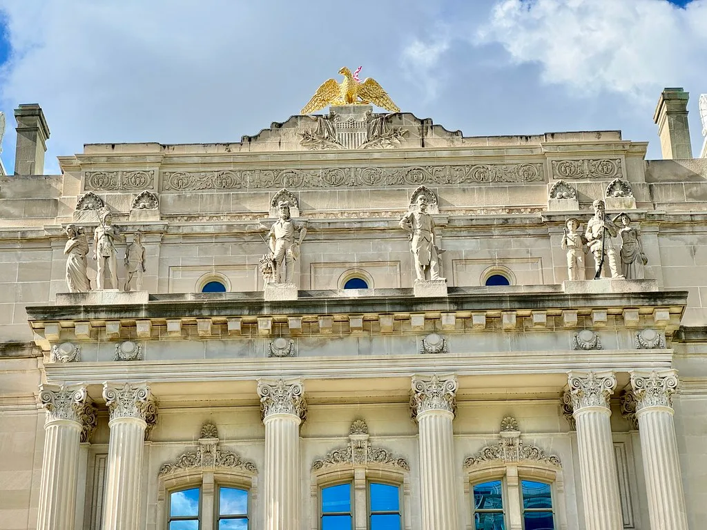 Columns and sculpted ornament on the Indiana Statehouse facade.