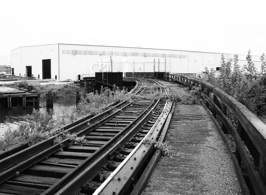 Ancien pont ferroviaire courbe avec rails interrompus et végétation sur le tablier.