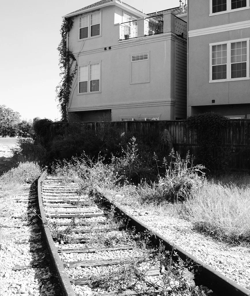 Old railway track overgrown with grass beside newer homes, in black and white.