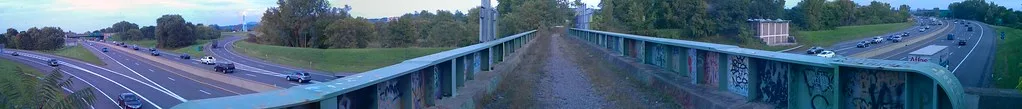 Former railway bridge without rails, with graffitied metal sides and an overgrown deck above a highway.