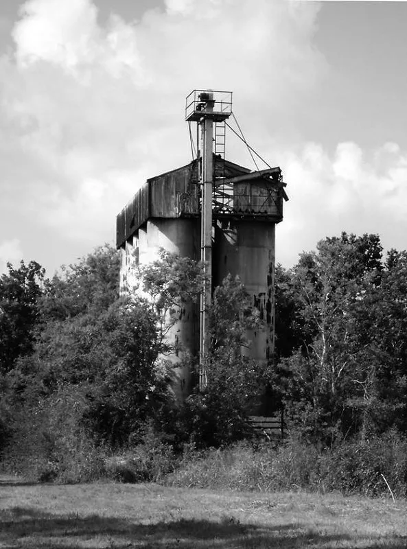 Ancien élévateur délabré entouré d’arbres, en noir et blanc.